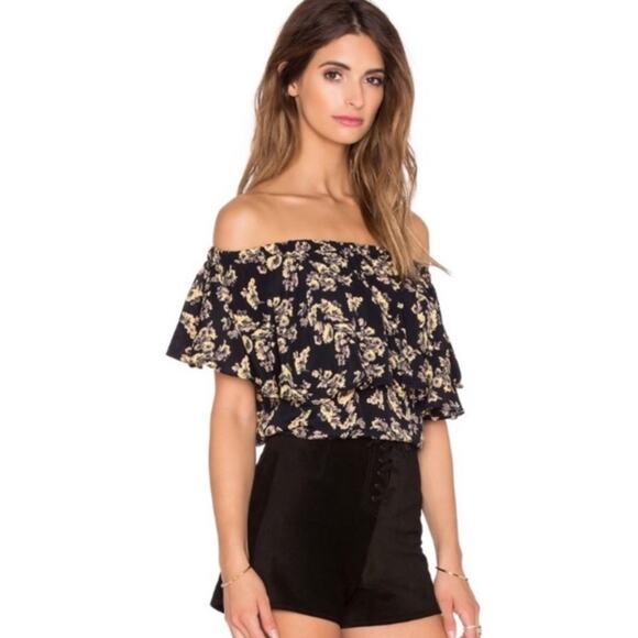 Blue life floral print off the shoulder ruffle blouse revolve black yellow XS - Picture 2 of 9